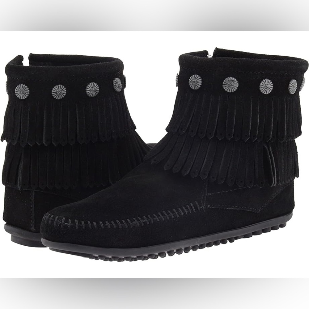 Minnetonka Black Double Fringe Side Zip Boot Size 9